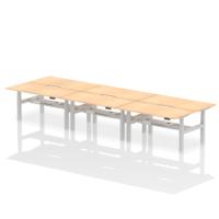 Air Back-to-Back 1600 x 800mm Height Adjustable 6 Person Office Bench Desk Maple Top with Scalloped Edge Silver Frame