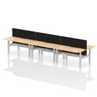Air Back-to-Back 1600 x 800mm Height Adjustable 6 Person Office Bench Desk Maple Top with Scalloped Edge Silver Frame with Black Straight Screen