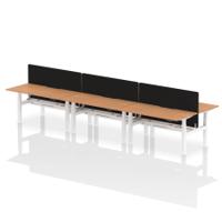 Air Back-to-Back 1600 x 800mm Height Adjustable 6 Person Office Bench Desk Oak Top with Scalloped Edge White Frame with Black Straight Screen