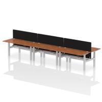 Air Back-to-Back 1600 x 800mm Height Adjustable 6 Person Office Bench Desk Walnut Top with Cable Ports Silver Frame with Black Straight Screen