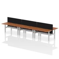 Air Back-to-Back 1600 x 800mm Height Adjustable 6 Person Office Bench Desk Walnut Top with Scalloped Edge Silver Frame with Black Straight Screen