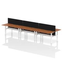 Air Back-to-Back 1600 x 800mm Height Adjustable 6 Person Office Bench Desk Walnut Top with Scalloped Edge White Frame with Black Straight Screen