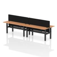Air Back-to-Back 1800 x 600mm Height Adjustable 4 Person Office Bench Desk Oak Top with Cable Ports Black Frame with Black Straight Screen