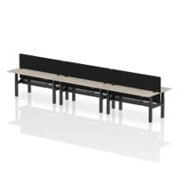 Air Back-to-Back 1800 x 600mm Height Adjustable 6 Person Office Bench Desk Grey Oak Top with Cable Ports Black Frame with Black Straight Screen