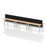 Air Back-to-Back 1800 x 600mm Height Adjustable 6 Person Office Bench Desk Maple Top with Cable Ports Silver Frame with Black Straight Screen