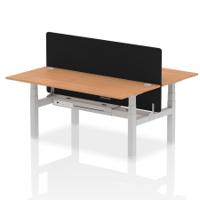 Air Back-to-Back 1800 x 800mm Height Adjustable 2 Person Office Bench Desk Oak Top with Cable Ports Silver Frame with Black Straight Screen