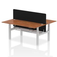 Air Back-to-Back 1800 x 800mm Height Adjustable 2 Person Office Bench Desk Walnut Top with Cable Ports Silver Frame with Black Straight Screen
