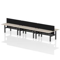 Air Back-to-Back 1800 x 800mm Height Adjustable 6 Person Office Bench Desk Grey Oak Top with Cable Ports Black Frame with Black Straight Screen