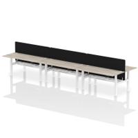 Air Back-to-Back 1800 x 800mm Height Adjustable 6 Person Office Bench Desk Grey Oak Top with Cable Ports White Frame with Black Straight Screen