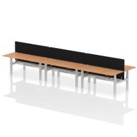 Air Back-to-Back 1800 x 800mm Height Adjustable 6 Person Office Bench Desk Oak Top with Cable Ports Silver Frame with Black Straight Screen