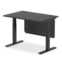 Air Modesty 1200 x 800mm Height Adjustable Office Desk Black Top Cable Ports Black Leg With Black Steel Modesty Panel