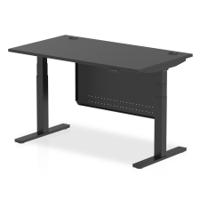 Air Modesty 1400 x 800mm Height Adjustable Office Desk Black Top Cable Ports Black Leg With Black Steel Modesty Panel
