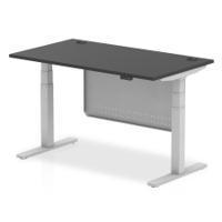 Air Modesty 1400 x 800mm Height Adjustable Office Desk Black Top Cable Ports Silver Leg With Silver Steel Modesty Panel