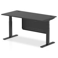 Air Modesty 1600 x 800mm Height Adjustable Office Desk Black Top Cable Ports Black Leg With Black Steel Modesty Panel