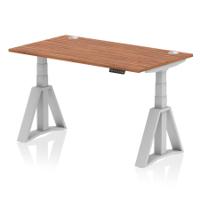 Air 1400 x 800mm Height Adjustable Office Desk Walnut Top Cable Ports Silver Leg with Piste Foot