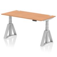 Air 1600 x 800mm Height Adjustable Office Desk Oak Top Cable Ports Silver Leg with Piste Foot