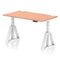Air 1400 x 800mm Height Adjustable Office Desk Beech Top Cable Ports White Leg with Piste Foot