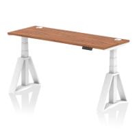Air 1600 x 600mm Height Adjustable Office Desk Walnut Top Cable Ports White Leg with Piste Foot