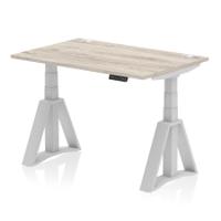 Air 1200 x 800mm Height Adjustable Office Desk Grey Oak Top Cable Ports Silver Leg with Piste Foot