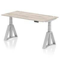 Air 1600 x 800mm Height Adjustable Office Desk Grey Oak Top Cable Ports Silver Leg with Piste Foot