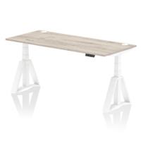Air 1800 x 800mm Height Adjustable Office Desk Grey Oak Top Cable Ports White Leg with Piste Foot