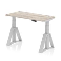 Air 1200 x 600mm Height Adjustable Office Desk Grey Oak Top Cable Ports Silver Leg with Piste Foot