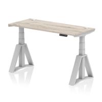 Air 1400 x 600mm Height Adjustable Office Desk Grey Oak Top Cable Ports Silver Leg with Piste Foot