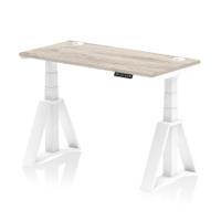 Air 1200 x 600mm Height Adjustable Office Desk Grey Oak Top Cable Ports White Leg with Piste Foot