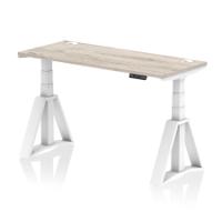 Air 1400 x 600mm Height Adjustable Office Desk Grey Oak Top Cable Ports White Leg with Piste Foot