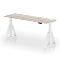 Air 1800 x 600mm Height Adjustable Office Desk Grey Oak Top Cable Ports White Leg with Piste Foot