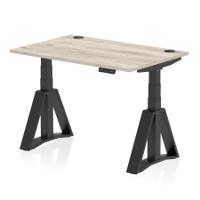 Air 1200 x 800mm Height Adjustable Office Desk Grey Oak Top Cable Ports Black Leg with Piste Foot
