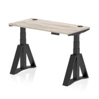 Air 1200 x 600mm Height Adjustable Office Desk Grey Oak Top Cable Ports Black Leg with Piste Foot