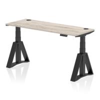 Air 1600 x 600mm Height Adjustable Office Desk Grey Oak Top Cable Ports Black Leg with Piste Foot