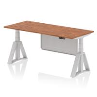 Air Modesty 1800 x 800mm Height Adjustable Office Desk Walnut Top Silver Leg With Silver Steel Modesty Panel with Piste Foot