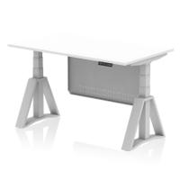 Air Modesty 1400 x 800mm Height Adjustable Office Desk White Top Silver Leg With Silver Steel Modesty Panel with Piste Foot