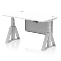 Air Modesty 1400 x 800mm Height Adjustable Office Desk White Top Cable Ports Silver Leg With Silver Steel Modesty Panel with Piste Foot
