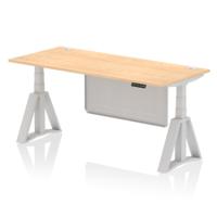 Air Modesty 1800 x 800mm Height Adjustable Office Desk Maple Top Cable Ports Silver Leg With Silver Steel Modesty Panel with Piste Foot