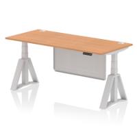 Air Modesty 1800 x 800mm Height Adjustable Office Desk Oak Top Cable Ports Silver Leg With Silver Steel Modesty Panel with Piste Foot