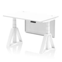 Air Modesty 1200 x 800mm Height Adjustable Office Desk White Top Cable Ports White Leg With White Steel Modesty Panel with Piste Foot