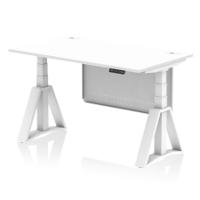 Air Modesty 1400 x 800mm Height Adjustable Office Desk White Top Cable Ports White Leg With White Steel Modesty Panel with Piste Foot