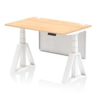 Air Modesty 1200 x 800mm Height Adjustable Office Desk Maple Top Cable Ports White Leg With White Steel Modesty Panel with Piste Foot
