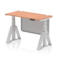 Air Modesty 1200 x 600mm Height Adjustable Office Desk Beech Top Cable Ports Silver Leg With Silver Steel Modesty Panel with Piste Foot