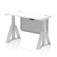 Air Modesty 1200 x 600mm Height Adjustable Office Desk White Top Cable Ports Silver Leg With Silver Steel Modesty Panel with Piste Foot