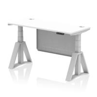 Air Modesty 1400 x 600mm Height Adjustable Office Desk White Top Cable Ports Silver Leg With Silver Steel Modesty Panel with Piste Foot