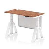 Air Modesty 1200 x 600mm Height Adjustable Office Desk Walnut Top Cable Ports White Leg With White Steel Modesty Panel with Piste Foot