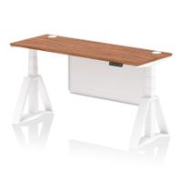 Air Modesty 1600 x 600mm Height Adjustable Office Desk Walnut Top Cable Ports White Leg With White Steel Modesty Panel with Piste Foot