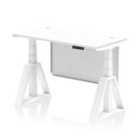 Air Modesty 1200 x 600mm Height Adjustable Office Desk White Top Cable Ports White Leg With White Steel Modesty Panel with Piste Foot