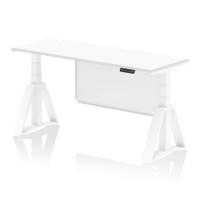 Air Modesty 1600 x 600mm Height Adjustable Office Desk White Top Cable Ports White Leg With White Steel Modesty Panel with Piste Foot