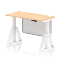 Air Modesty 1200 x 600mm Height Adjustable Office Desk Maple Top Cable Ports White Leg With White Steel Modesty Panel with Piste Foot