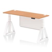 Air Modesty 1600 x 600mm Height Adjustable Office Desk Oak Top Cable Ports White Leg With White Steel Modesty Panel with Piste Foot